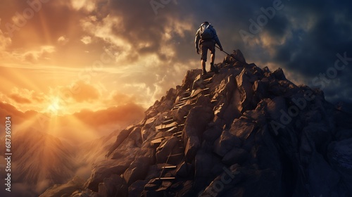 A Person Climbing a Mountain of Challenges, Signify overcoming obstacles and reaching new heights photo