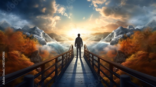 A Person Crossing a Bridge Between Two Worlds, Illustrate transitions and expansion into new markets photo
