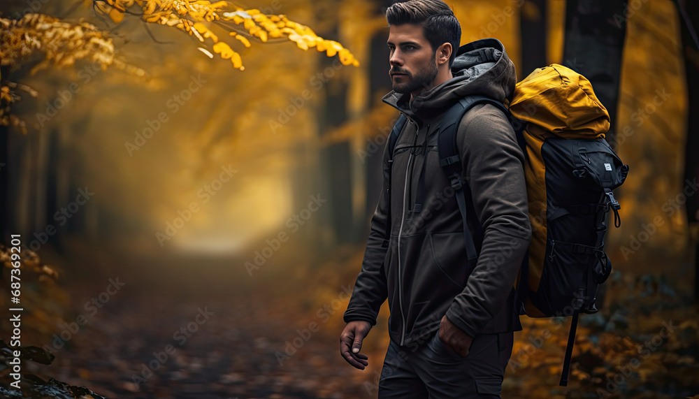 man exploring wild nature with backpack and camera
