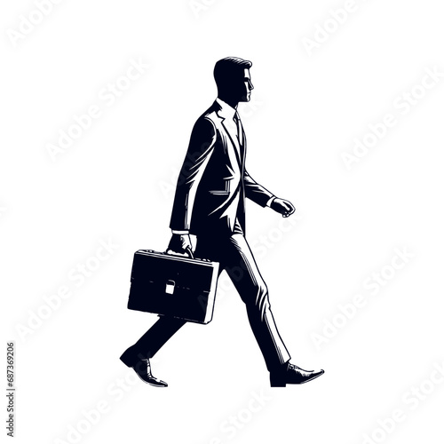 Walking businessman holding a suitcase silhouette vector illustration.
