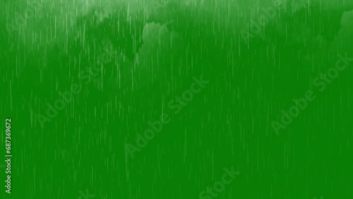 Rain with thunderstorm on green screen. Clouds accompanied by lightning strikes heavy rain, thunderstorms on a green screen