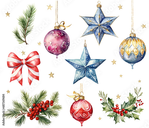 Set of Christmas balls and stars decorations watercolor vector illustration,set of christmas elements	