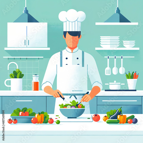 Flat style illustration of a chef in modern kitchen setting. The chef, wearing a white toque and apron, is preparing a colorful salad