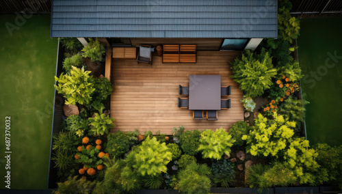 high view of backyard garden with a wooden deck, grassed area and a roof house