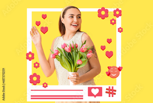 Happy young female blogger with flowers on yellow background #687370259