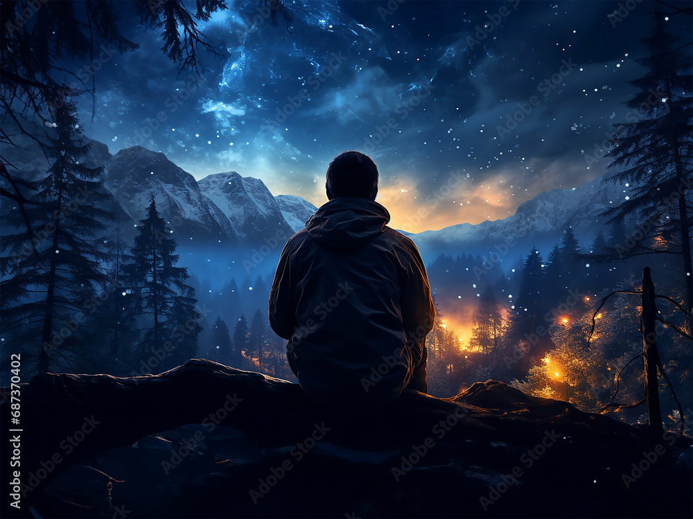 Calm Midnight adventures, Long exposure shot of a man staring up into the night sky Calm Midnight adventures, Long exposure shot of a man staring up into the night sky