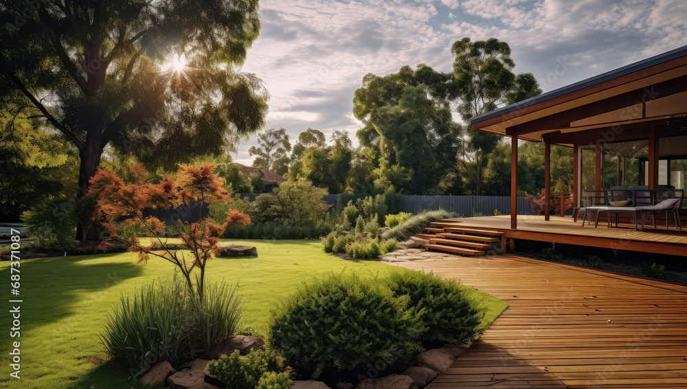 the backyard garden with a wooden deck, grassed area and a roof house - obrazy, fototapety, plakaty 