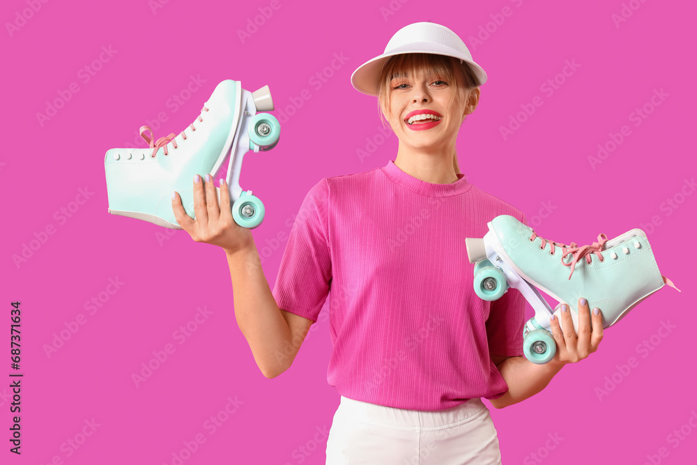 Young woman dressed as doll with roller skates on purple background Young woman dressed as doll with roller skates on purple background