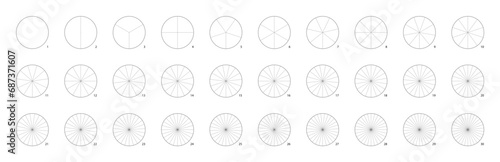 Round wheel divided into segments. Circular diagram of division into parts. Ring cut as piechart simple vector illustration. Pizza serving size presentation.