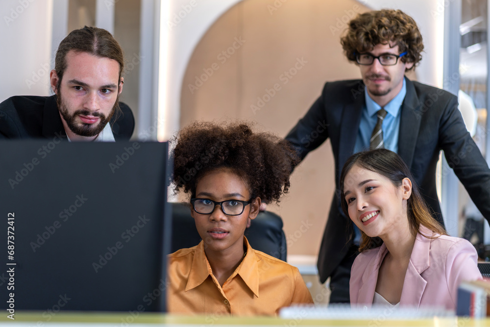 Fototapeta premium Group of business meeting and discussing strategy startup project analysis finance process.Success asian business people work plan and brainstorm marketing idea with laptop in office.Teamwork