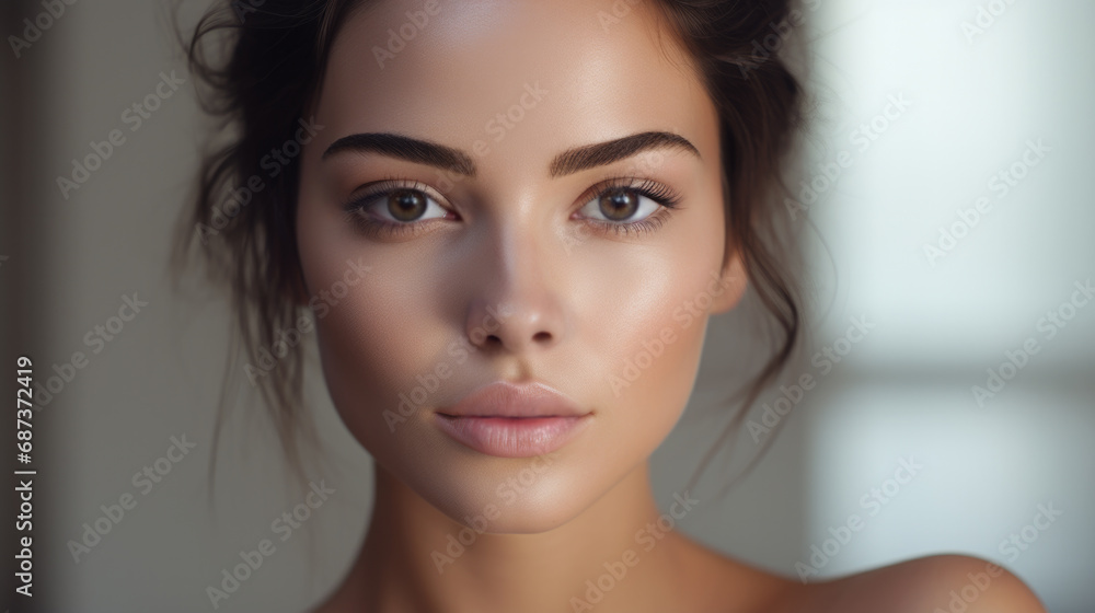 Close up indoor portrait of a clean-faced female glamorous model with a perfect complexion and brown hair. Skin care and cosmetics. Close up indoor portrait of a clean-faced female glamorous model with a perfect complexion and brown hair. Skin care and cosmetics.