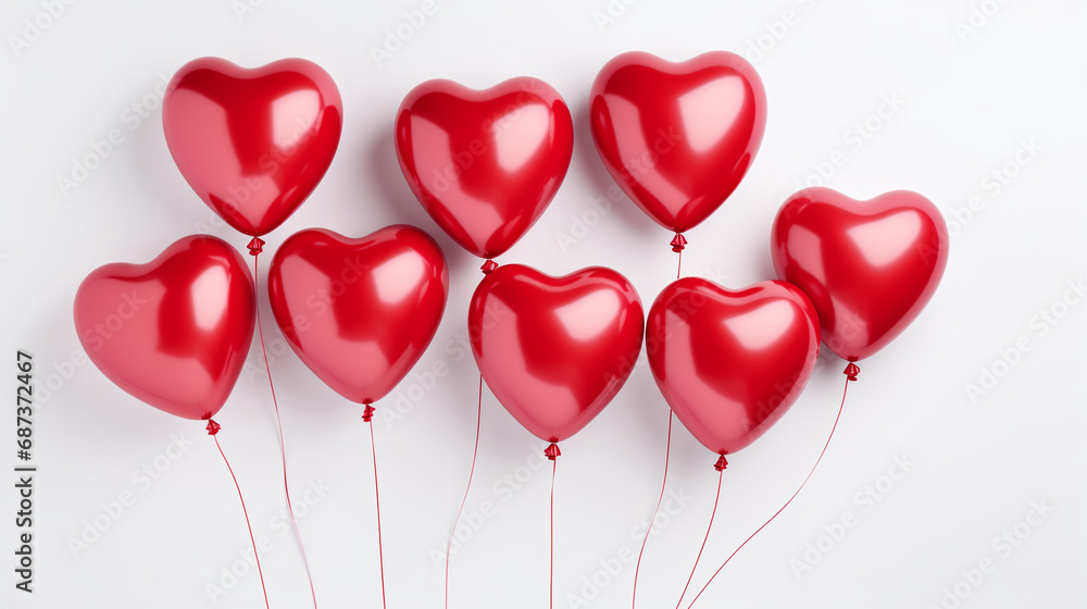 A bunch of glossy red heart-shaped balloons with reflective surfaces, floating against a neutral light background. Perfect for themes of love, celebration, or Valentine's Day. AI Generative