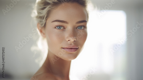Free Download Casual indoor portrait of a beautiful female model with perfect flawless skin. Blond hair and blue eyes. Skin care and cosmetics. - GFXLoad