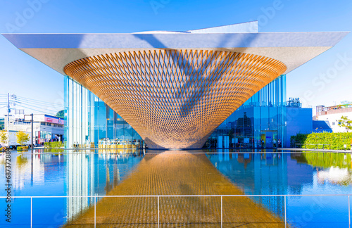 Japan - November 14, 2023 : Modern architecture design of Mt.Fuji world heritage center building reflection in autumn sunny day, One of tourist popular destination in Fujinomiya, Shizuoka