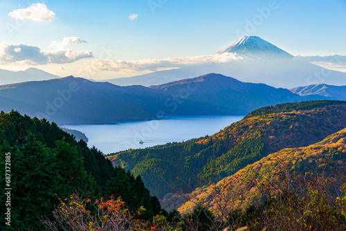 Fuji mountain and Lake Ashi at Sunset from Taikanzan Observatory Deck in autumn, Hakone, Kanagawa, Japan