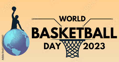 World basketball day, 2023. Earth icon with basketball player and typography art