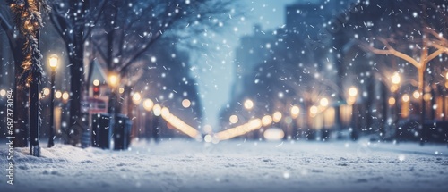 Winter cityscape with snowfall and illuminated street. Seasonal ambience and holidays.