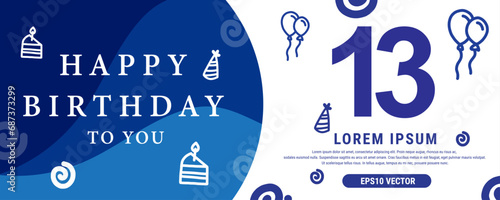 13 year celebration Creative Happy Birthday Text. Blue color decorative banner design, Vector illustration. photo