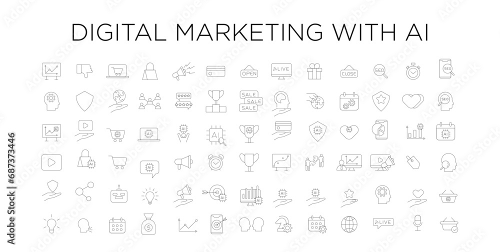 Digital Marketing with  AI icon set collection