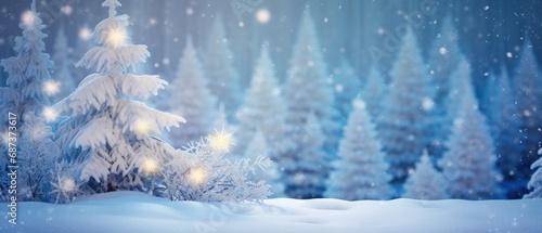Enchanted snowy forest with twinkling lights. Winter wonderland.