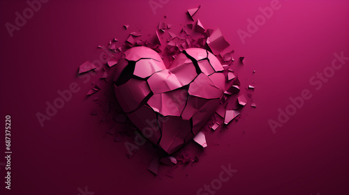 Valentine's Day concept. Dark pink heart with cracks Never fulfilled in love, heartbroken and destroyed. Generating AI. photo