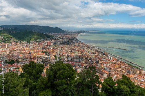 Aerial view of the Italian city of Salerno. Salerno is a city and port on the Tyrrhenian Sea in southern Italy, the administrative center of the Salerno province of the Campania region.