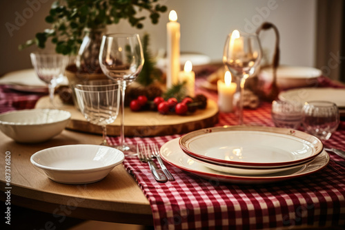 Dining celebration home decorated table dinner food plate christmas holiday setting festive red