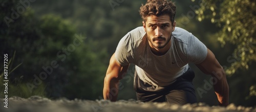 Attractive man exercising outdoors with varied workouts.