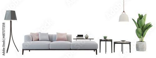 Modern interior furniture set 3D render. Livingroom house floor template room mockup design , isolated on transparent background photo