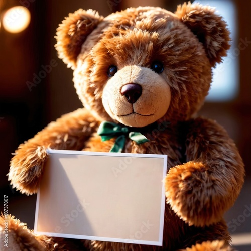 Teddy bear holding empty sign message