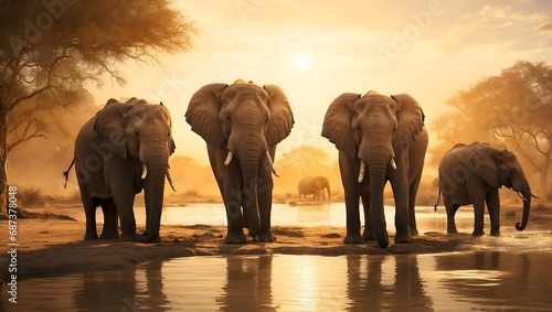 Majestic elephants gathering around a waterhole, bathed in golden light, showcasing unity in the wild. 