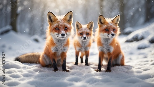 Playful foxes in a snowy landscape, their curiosity frozen in a moment of winter magic. 