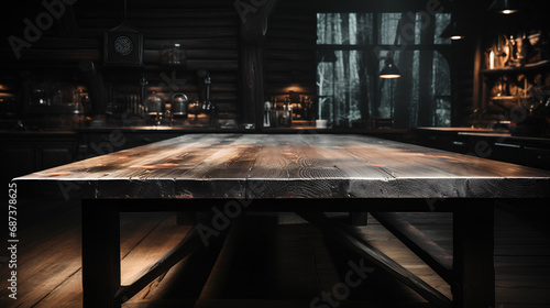 Kitchen Table in empty room with large windows - snow on mountains in background - rustic -cabin - mountain home - vacation homer - butcher block farm table country - vacation - getaway - travel 