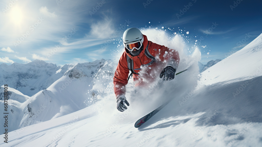 Winter sports skier on a snowy mountain. Action shot. Concept of Alpine Adventure, Thrilling Descents, and Snowy Escapades.