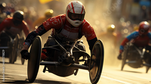 Wheelchair race. Disabled sports. Concept of Inclusive Athletics, Determination, and Breaking Barriers in Sports.