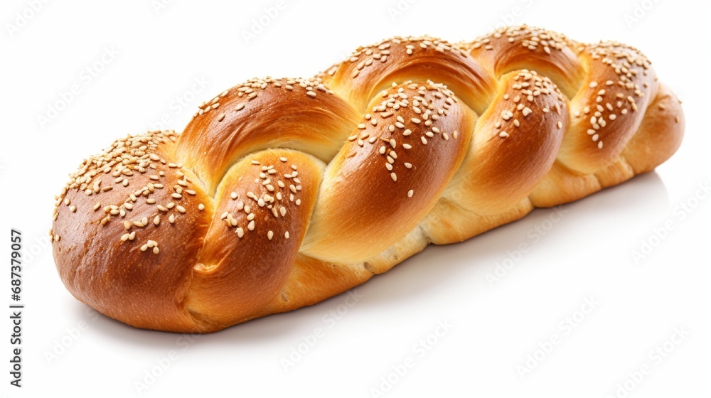 Homemade braided bread with sesame seeds isolated on white. Traditional 