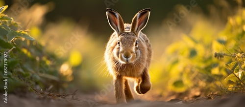 A brown hare in its natural field habitat, ready to sprint.