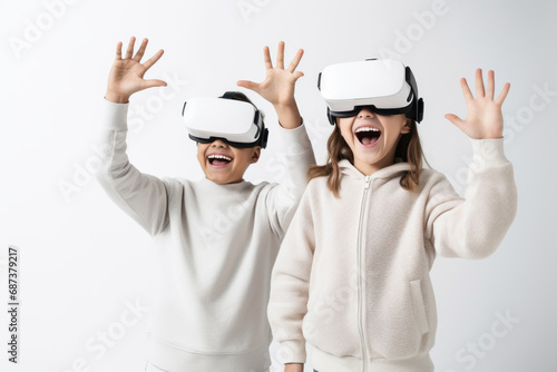 Happy smiling girl and boy kids wearing virtual reality goggles. As 6G infrastructure spreads, people will grow in their daily lives through play and education. Concept for metaverse and technology.