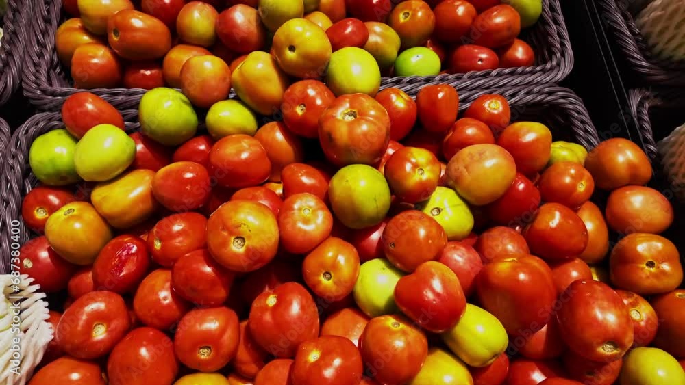 .Bright red tomatoes in the basket at the store.Tomatoes can be used to cook a variety of dishes..and is a popular vegetable used as food..red color background. .Bright red tomatoes in the basket at the store.Tomatoes can be used to cook a variety of dishes..and is a popular vegetable used as food..red color background.