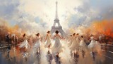 Paris Olympic Games 2024 Background Wallpaper Template Eiffel Tower Opening Ceremony Celebration Beautiful Ballet Dancers for Presentation Slides Watercolor Illustration with Copy Space 16:9	