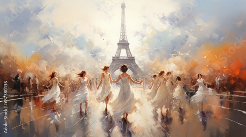 Paris Olympic Games 2024 Background Wallpaper Template Eiffel Tower Opening Ceremony Celebration Beautiful Ballet Dancers for Presentation Slides Watercolor Illustration with Copy Space 16:9 