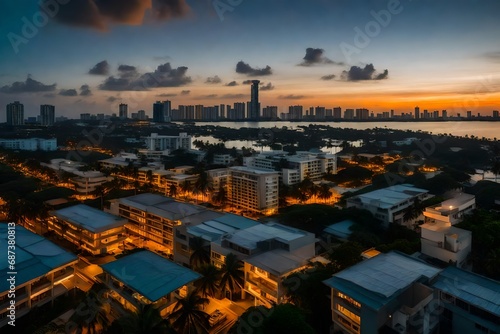 A mesmerizing view of the city of Male during sunset, the warm hues painting the skyline, modern buildings reflecting the fading sunlight