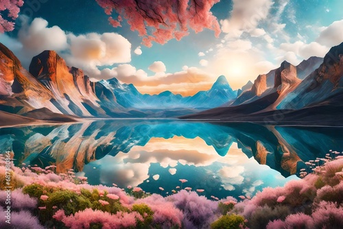 An artistic montage of landscape scenery photos  seamlessly blended into a surreal composition  where elements from different images harmonize to create a dreamlike and imaginative atmosphere