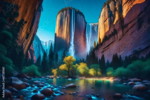 A surreal interpretation of El Capitan and Bridal Veil Falls, surrounded by an otherworldly glow, the landscape transformed into a fantastical realm where reality merges with dreams, Illustration