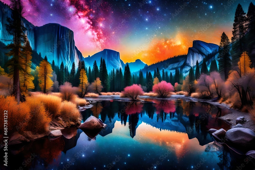 A mystical Yosemite Valley under a celestial sky, with vibrant colors and ethereal lights illuminating the landscape, the Merced River reflecting the cosmic spectacle