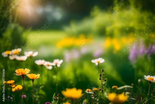 A soft-focus photograph of a landscape garden, with a dreamlike quality, highlighting the gentle sway of flowers in the breeze and the blurred edges of the green lawn