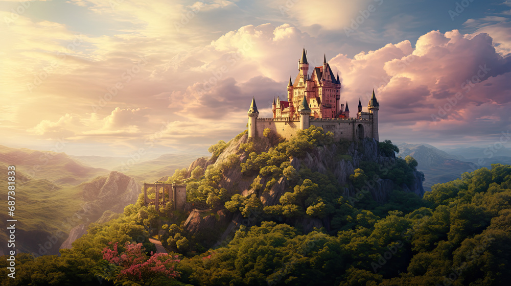 Fototapeta premium castle at the hill of a scenic landscape. majestic castle perched. fantasy landscape with ancient castle
