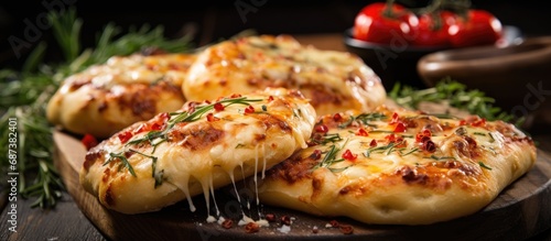 Cheesy Roman square pizzas or Pinsa on thick dough, from Italy.