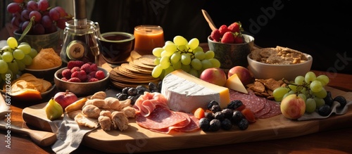 Assorted fruits, cheese, meats, and crackers served with cured cheese and meze platter setup. © AkuAku