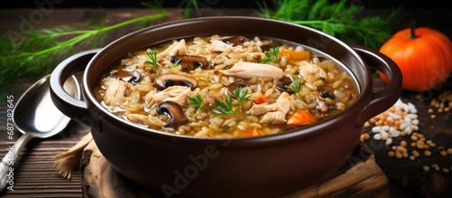 Bowl of homemade soup with wild rice and chicken.